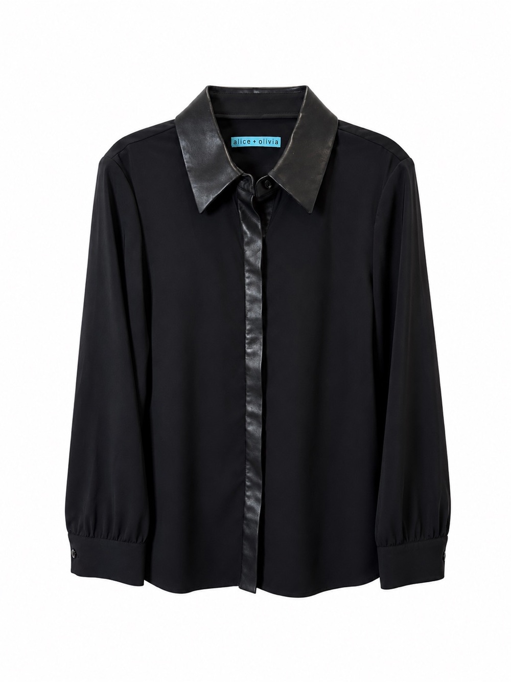 Alice + Olivia Black Long-Sleeve Blouse w Lamb Leather collar/button placard S